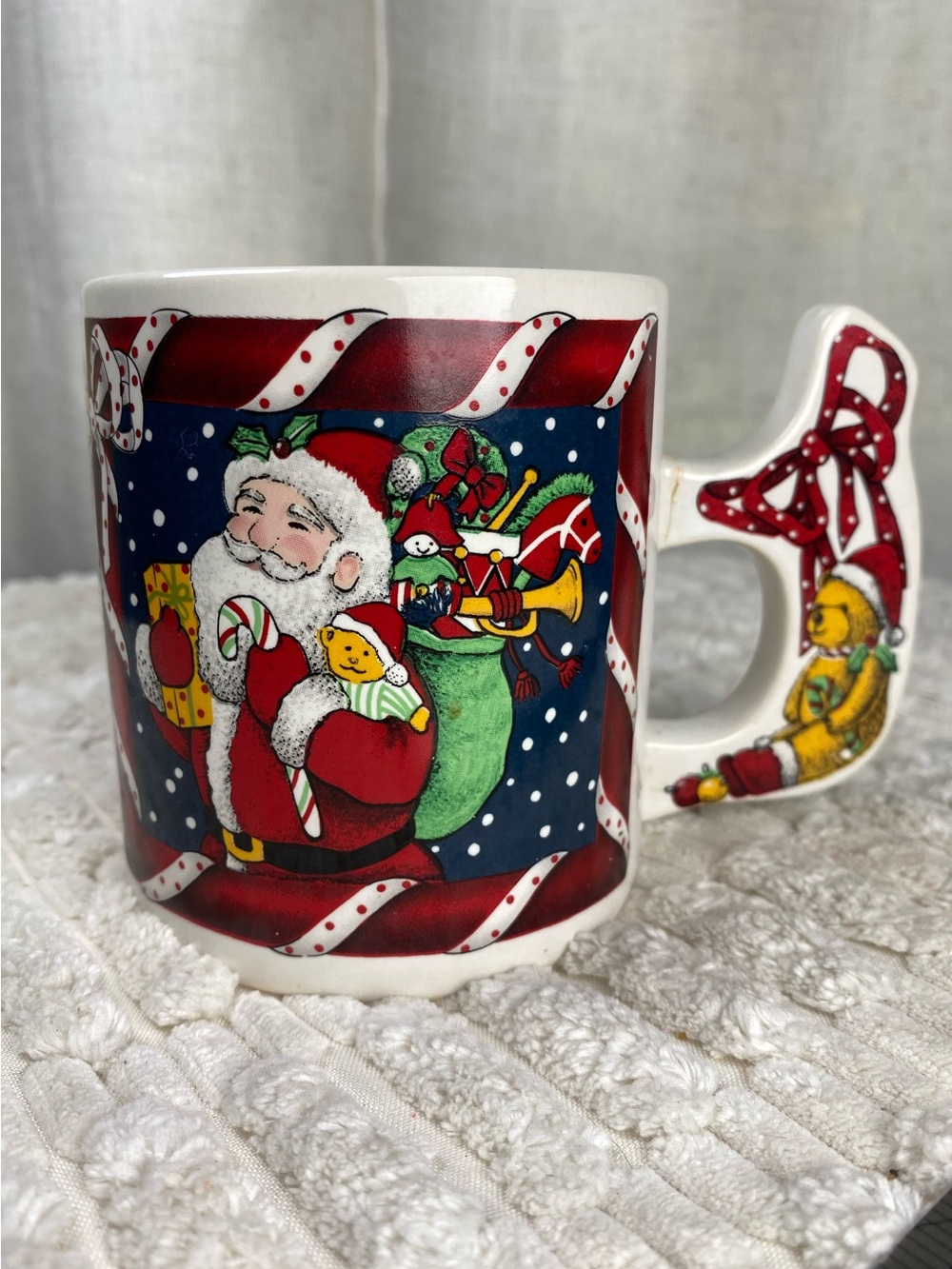 VTG 80s Christmas Santa Mug with 3D Teddy Bear Figural Handle